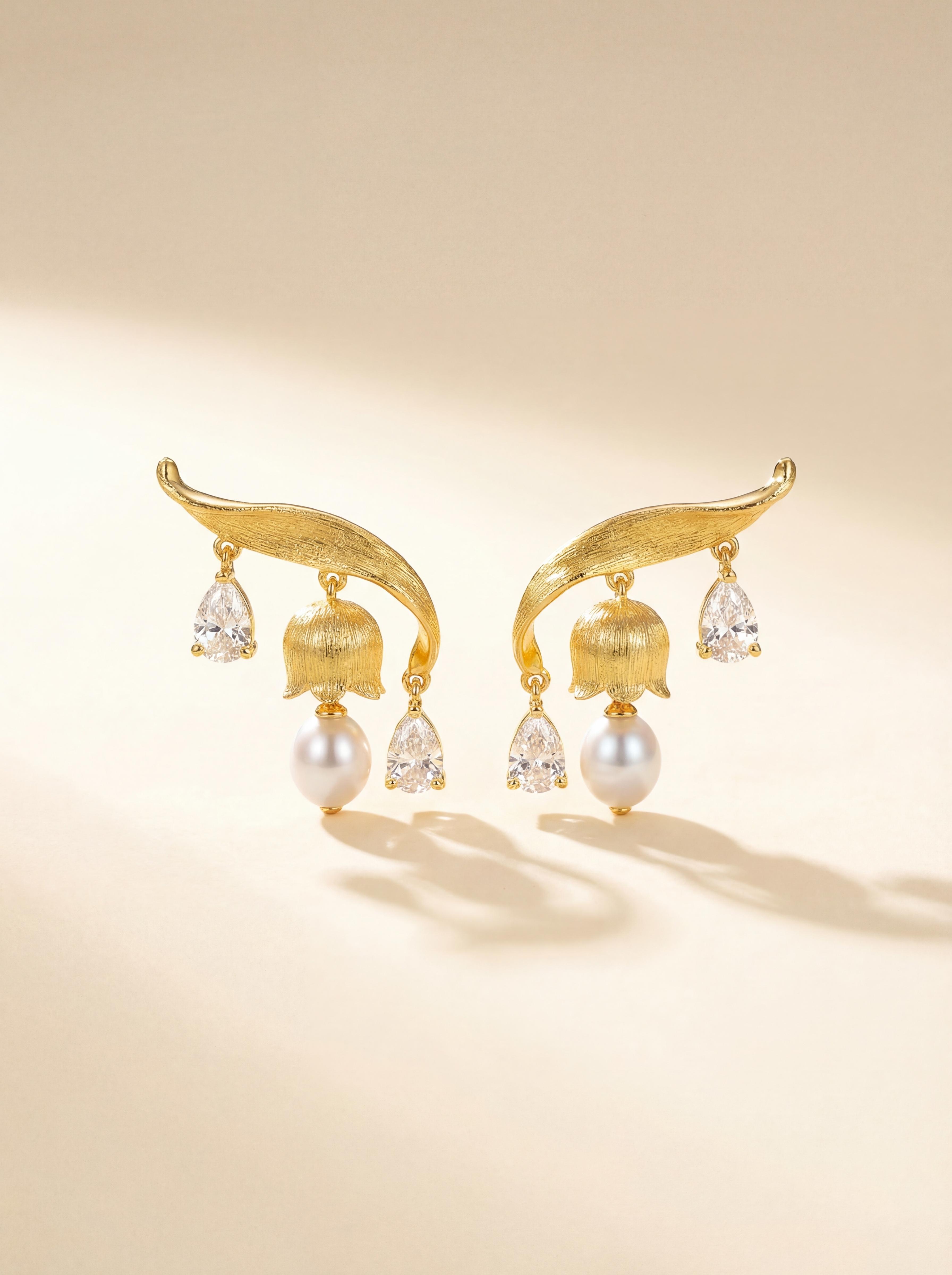 Asymmetrical Lily of the Valley Pearl Earrings - Handcrafted Harmony for Everyday Elegance