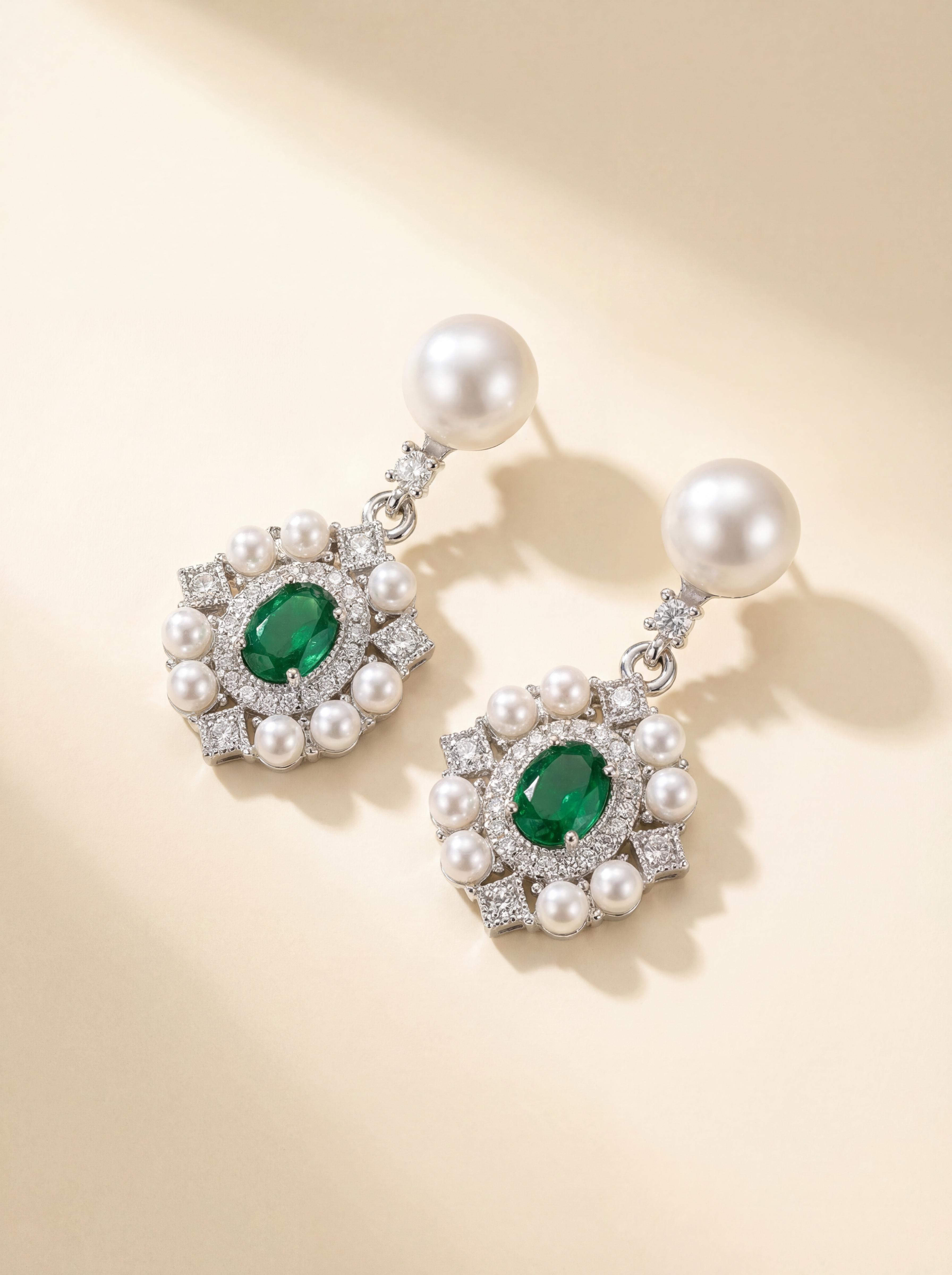 Ethereal Green Majesty Pearl Earrings - Vintage Elegance Reimagined