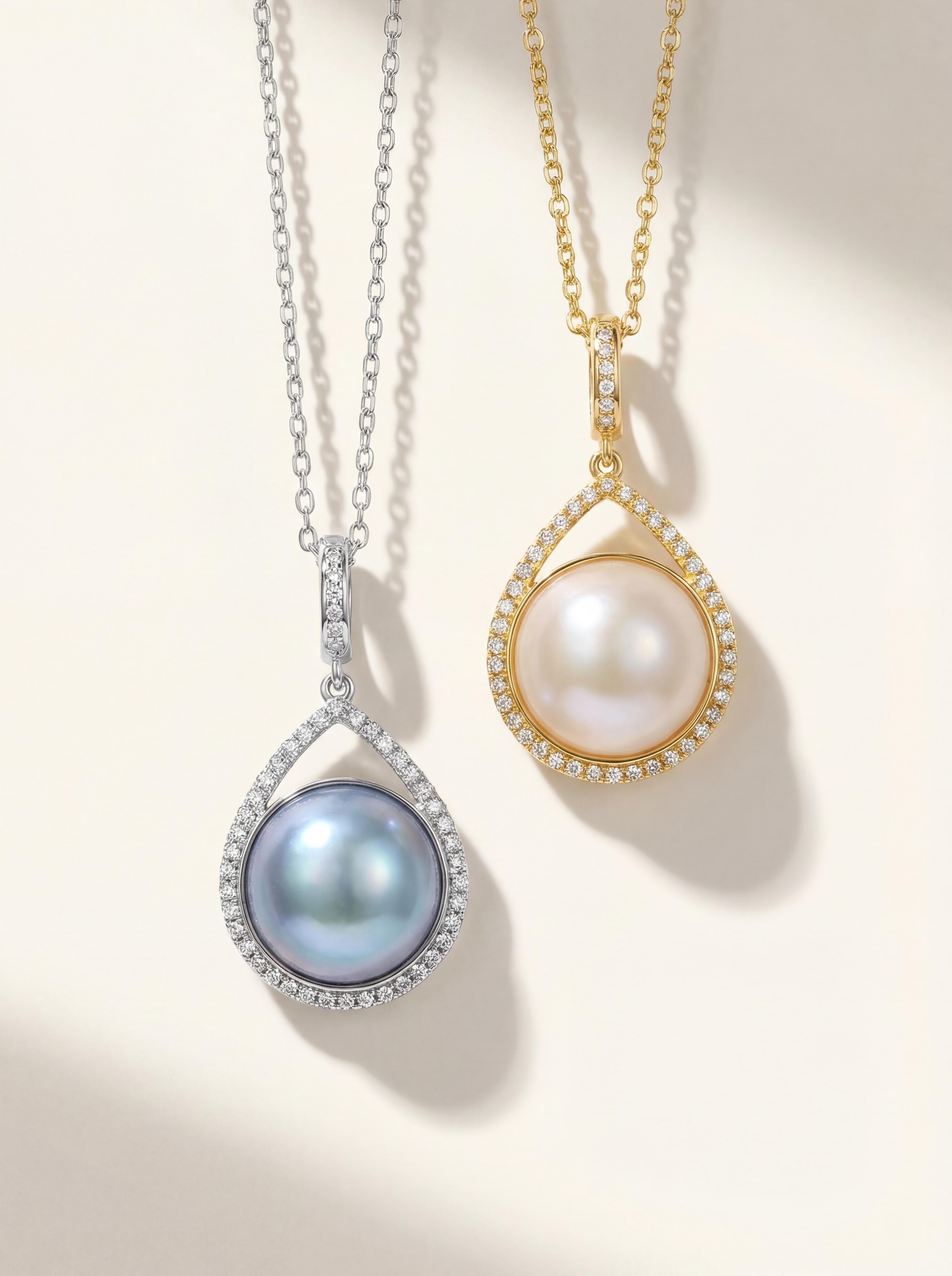Crescent Harmony | Wild Freshwater Pearl Pendant Necklace with Diamond Accents