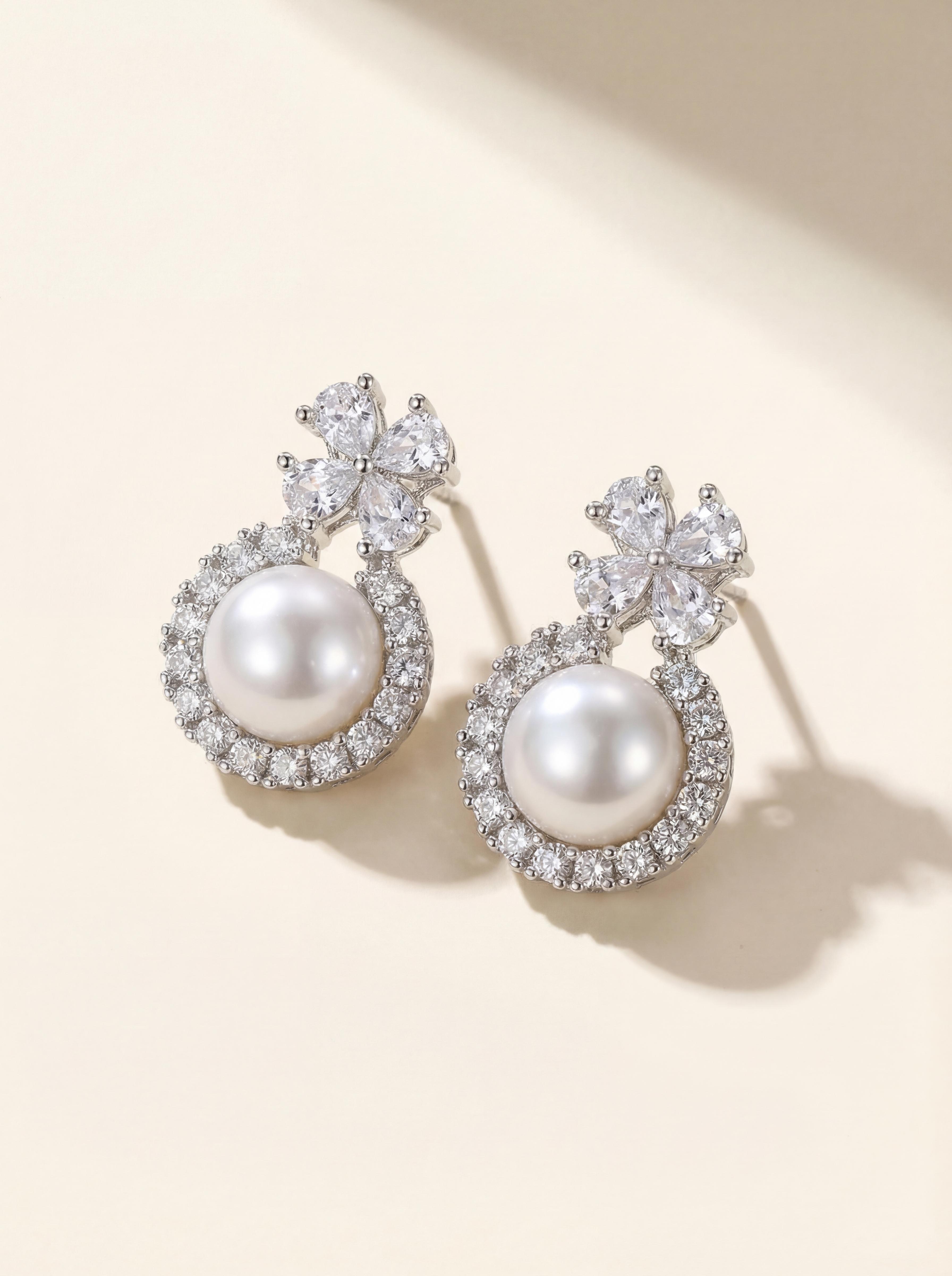 Winter Frost Pearl Stud Earrings - Natural Freshwater Pearls with Diamond Accents