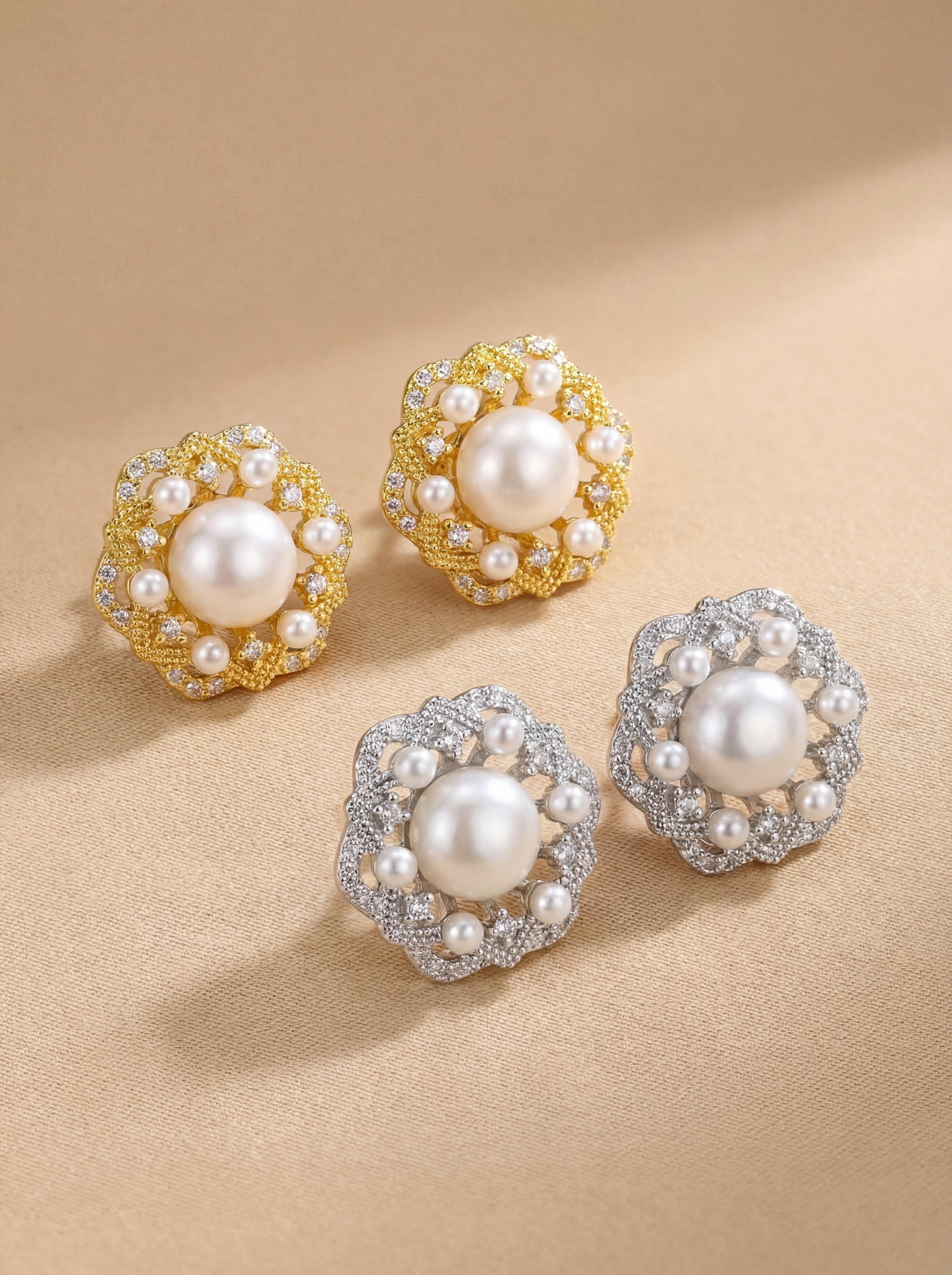 Vintage Floral Pearl Clip-On Earrings for Non-Pierced Ears - Rose Gold & Silver