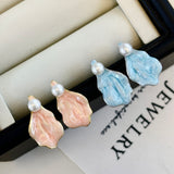 Enameled Petal Pearl Earrings | Summer's Whisper in Pink & Blue