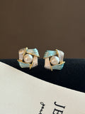 Vintage Enamel-Woven Pearl Earrings: Mediterranean Blue & Silver