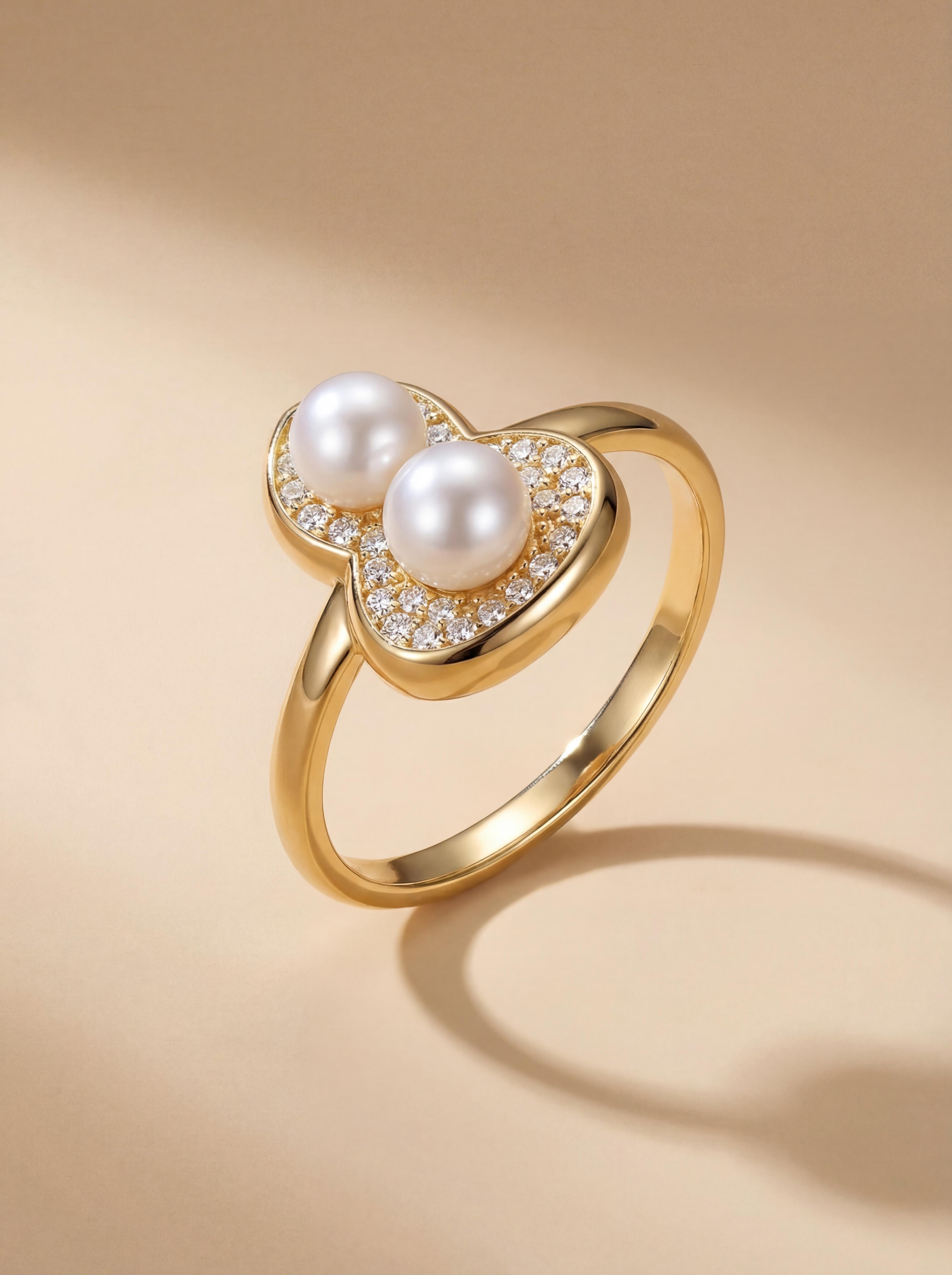 Naturally Radiant Double Pearl Heart Ring - Elegant 18K Gold & Diamond Setting