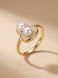 Naturally Radiant Double Pearl Heart Ring - Elegant 18K Gold & Diamond Setting