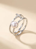 Silver Cross Pearl Ring Vintage Design Adjustable Band Boho Style