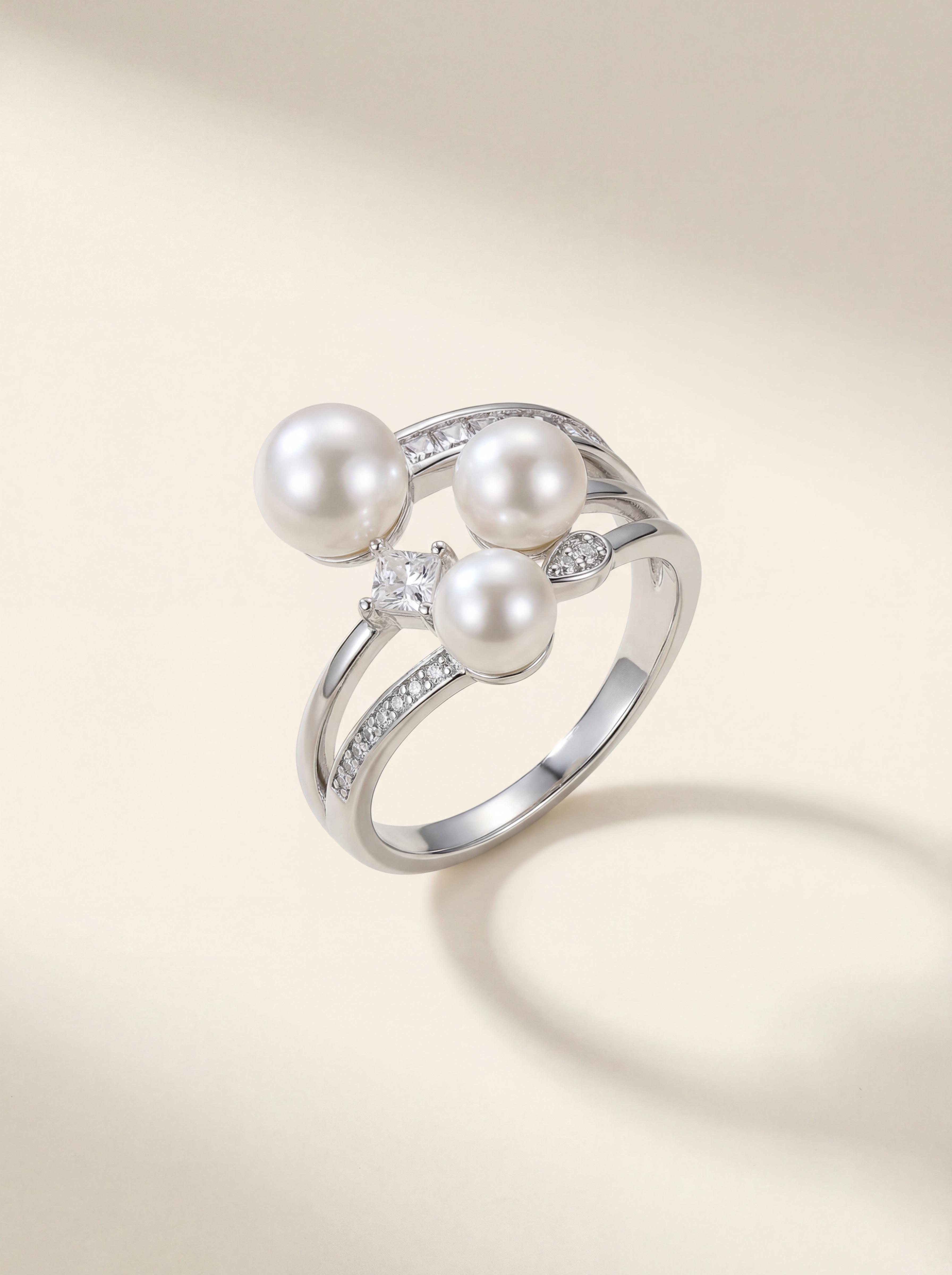 Tri-Pearl Stack Ring Set | Breathable Wild Pearl | Diamond Accented | Wedding Daily Gift