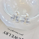 Luminous Blue Clover Pearl Stud Earrings: Nature's Whisper in Silver