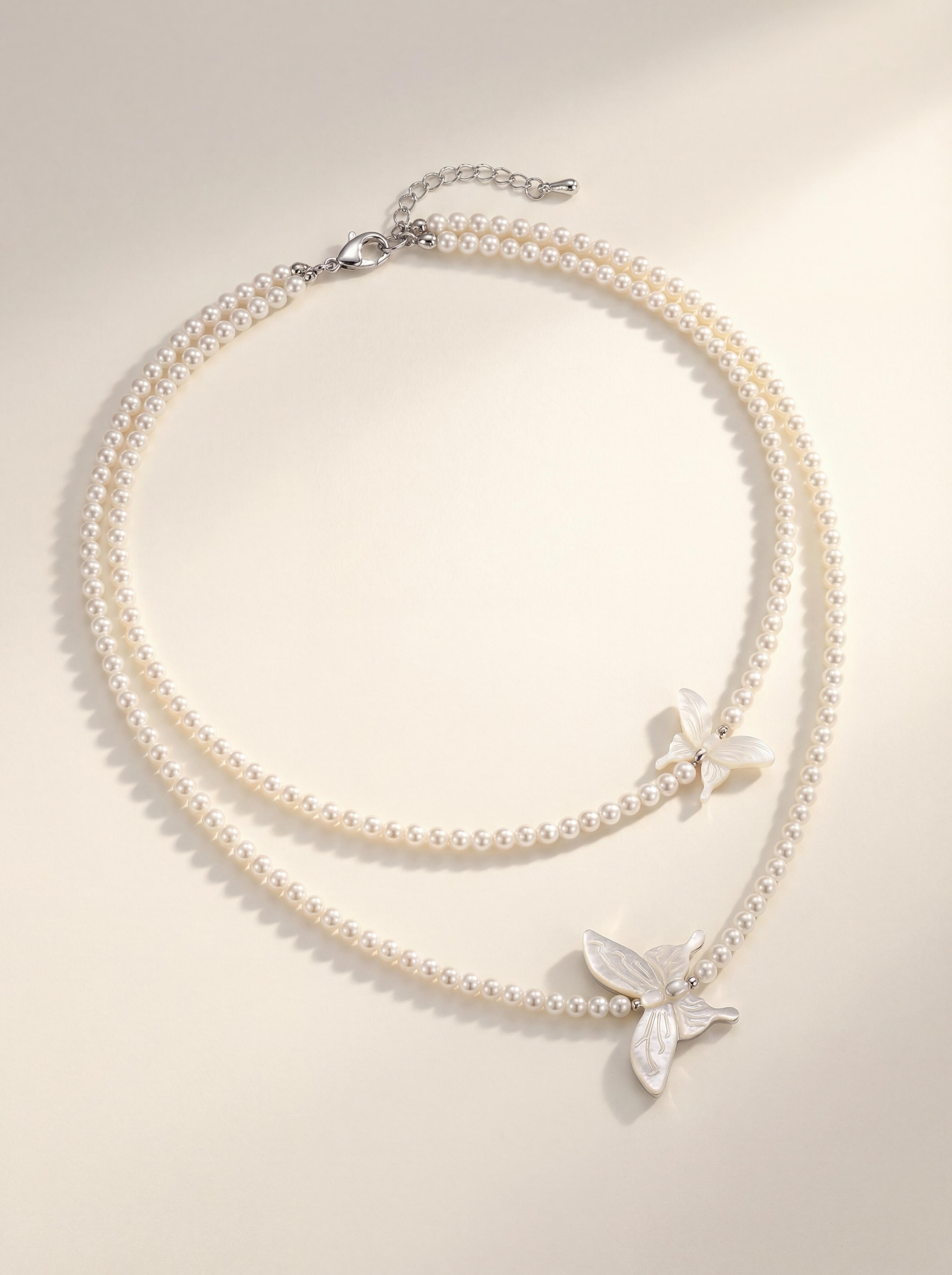 Layered MotherofPearl Butterfly Pearl Necklace - Dual Strand Necklace for Effortless Elegance