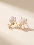 Hand-Painted Glazed Tulip Pearl Earrings — Timeless Freshwater Elegance for Daily Radiance Pink