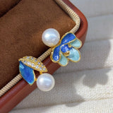 Asymmetrical Enamel Floral Pearl Earrings - Handcrafted Silver Elegance