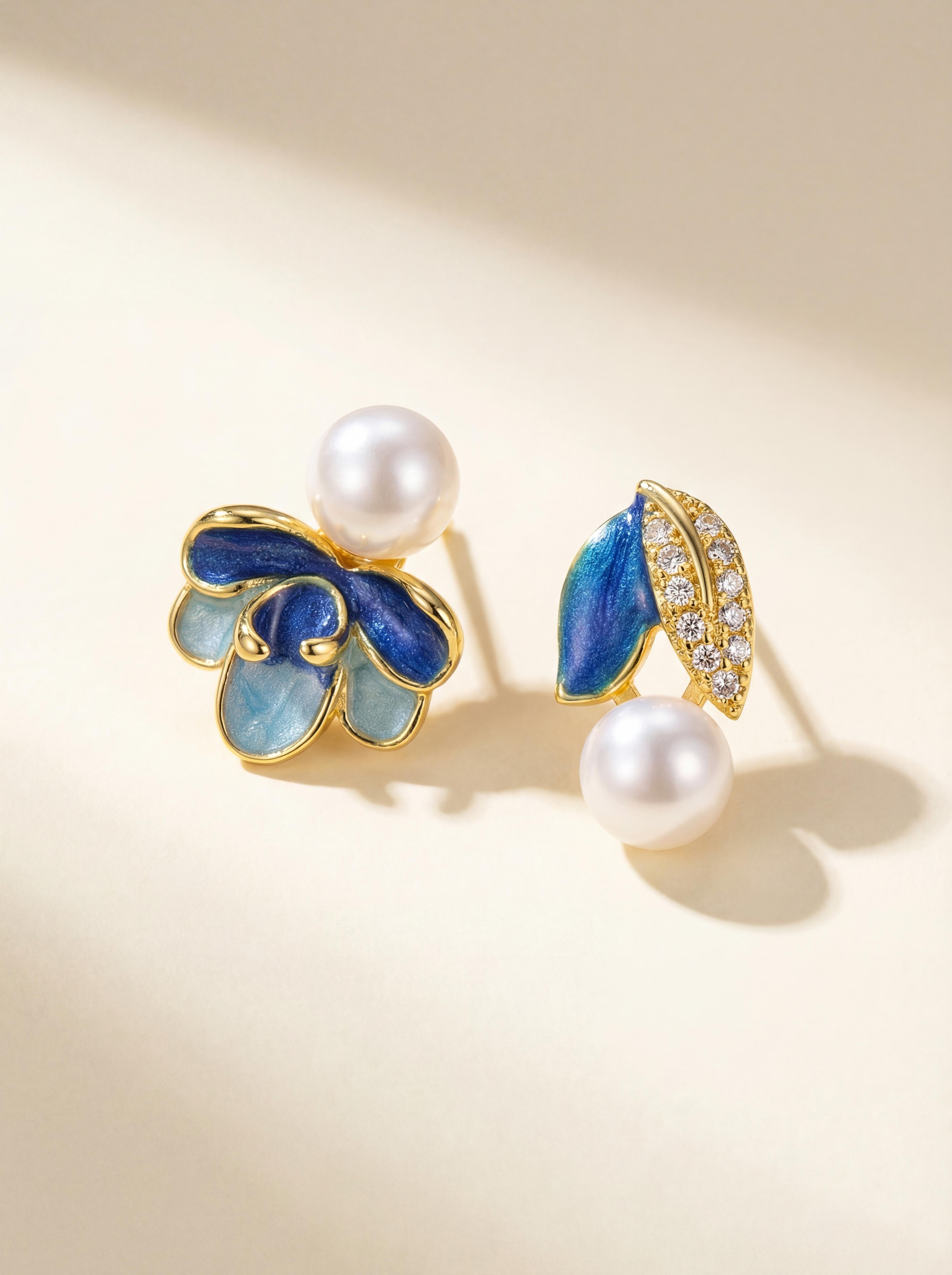 Asymmetrical Enamel Floral Pearl Earrings - Handcrafted Silver Elegance
