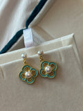 Vintage Cloisonne Four-Leaf Clover Pearl Earrings