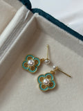 Vintage Cloisonne Four-Leaf Clover Pearl Earrings