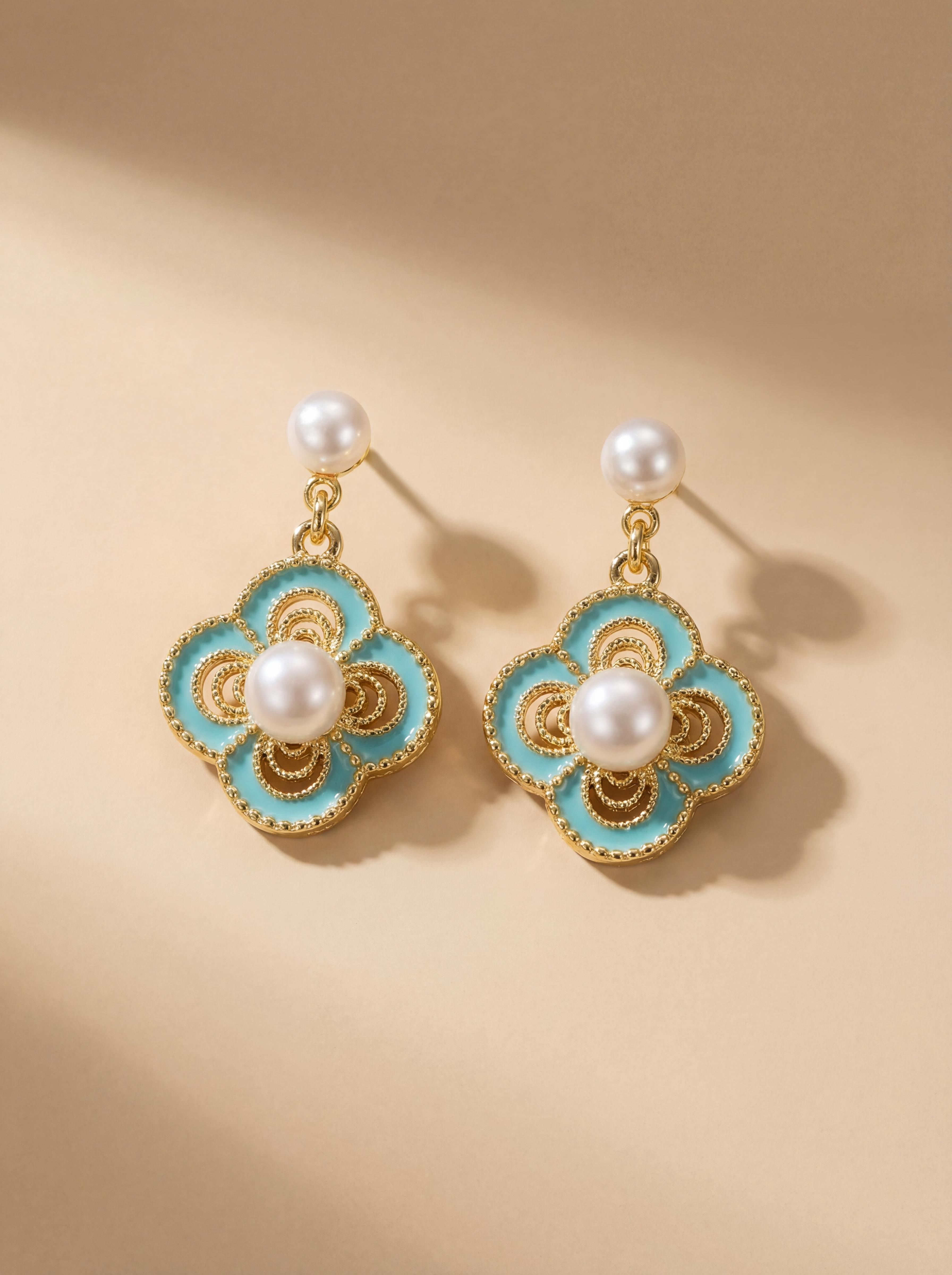 Vintage Cloisonne Four-Leaf Clover Pearl Earrings