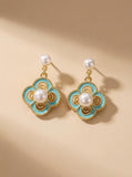 Vintage Cloisonne Four-Leaf Clover Pearl Earrings