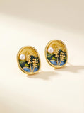 Hand-Painted Enamel Wild Freshwater Pearl Earrings - Impressionist Art Inspired