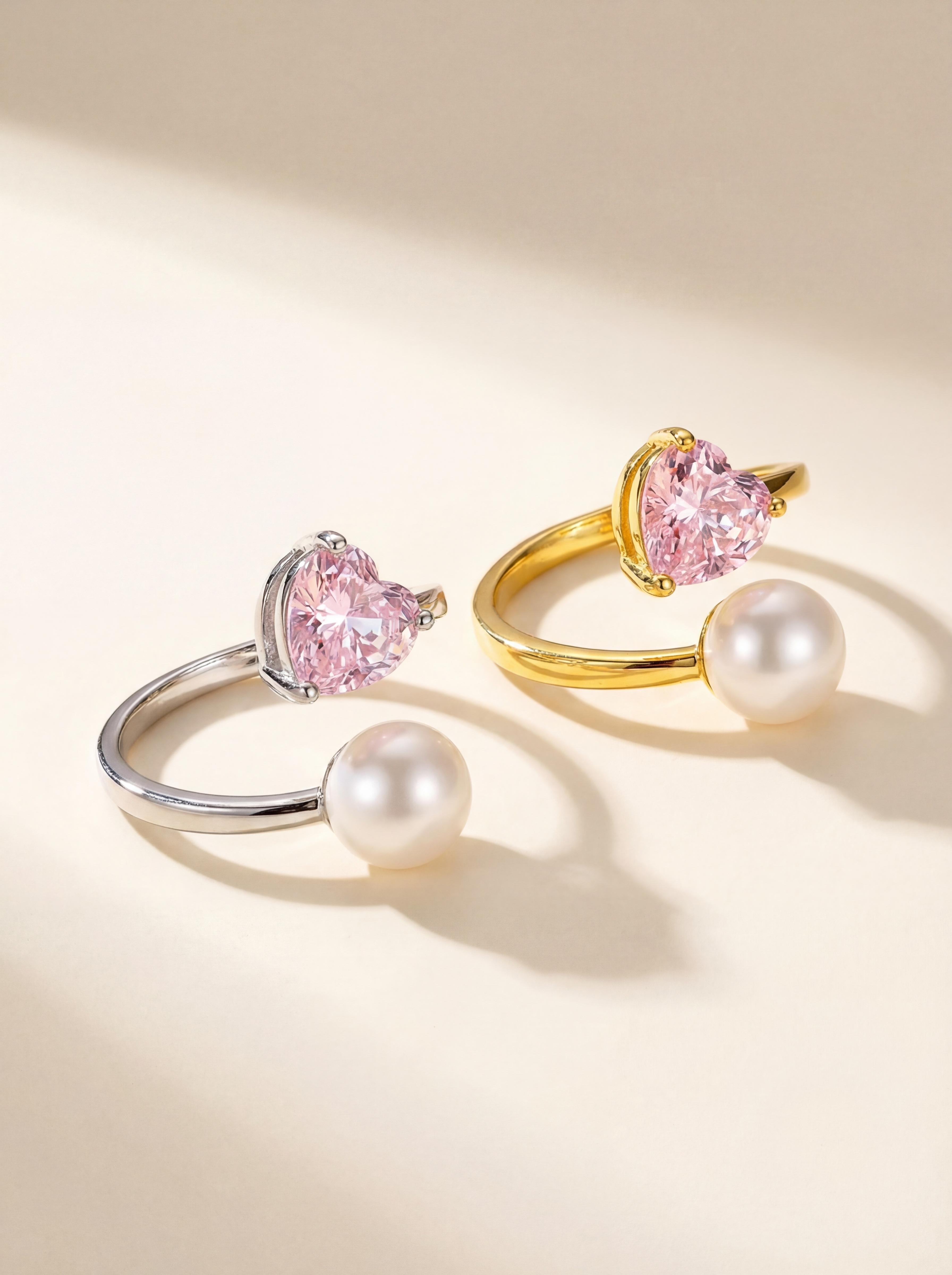 Blush Essence Double-Band Pearl and Heart Ring – Dainty Duo for Soulful Expression