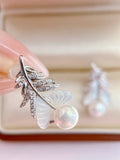 Ethereal Dewdrop Pearl Feather Ear Studs