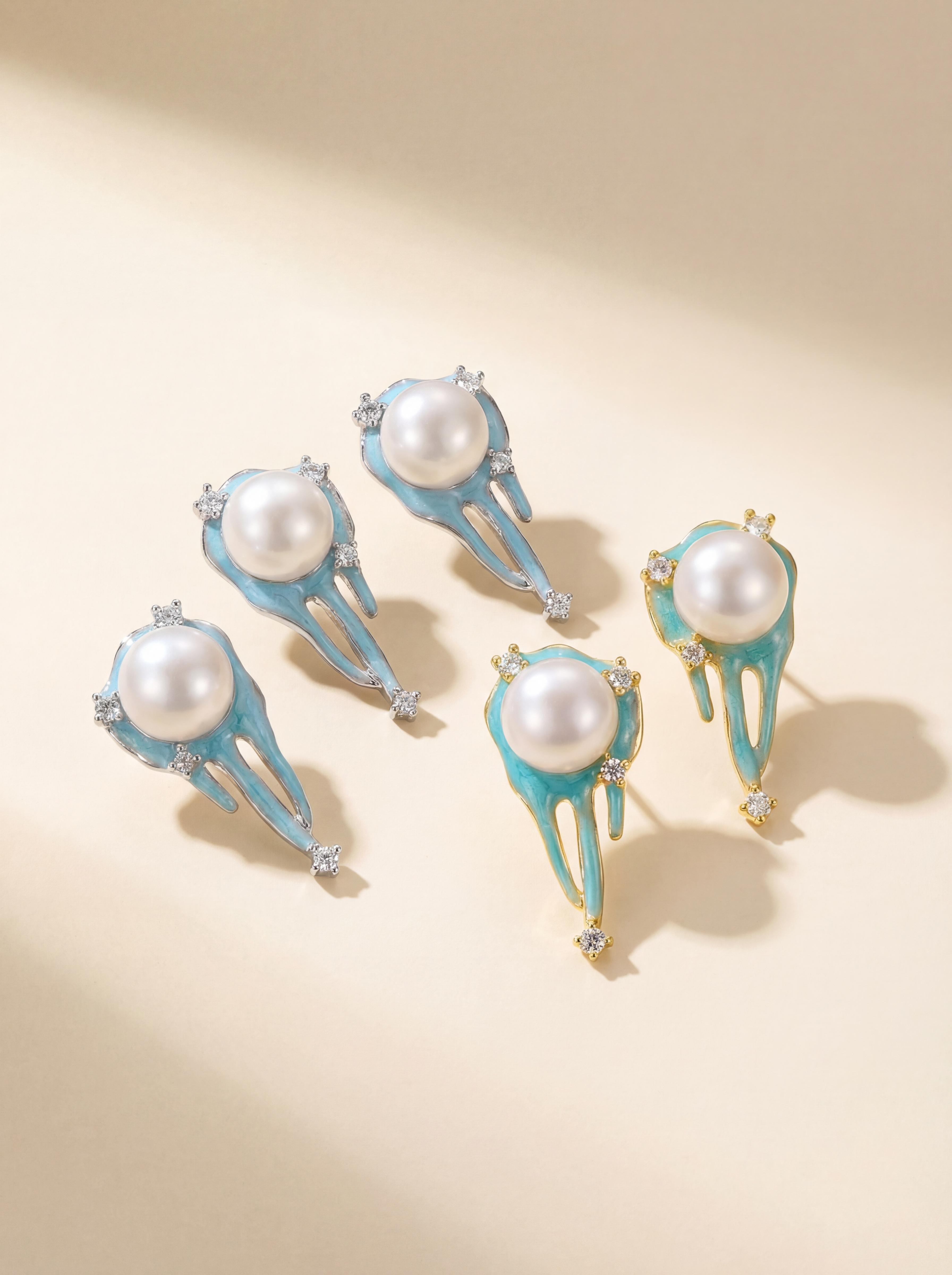 Artisanal Freshwater Pearl Enamel Earrings – Ocean Mist