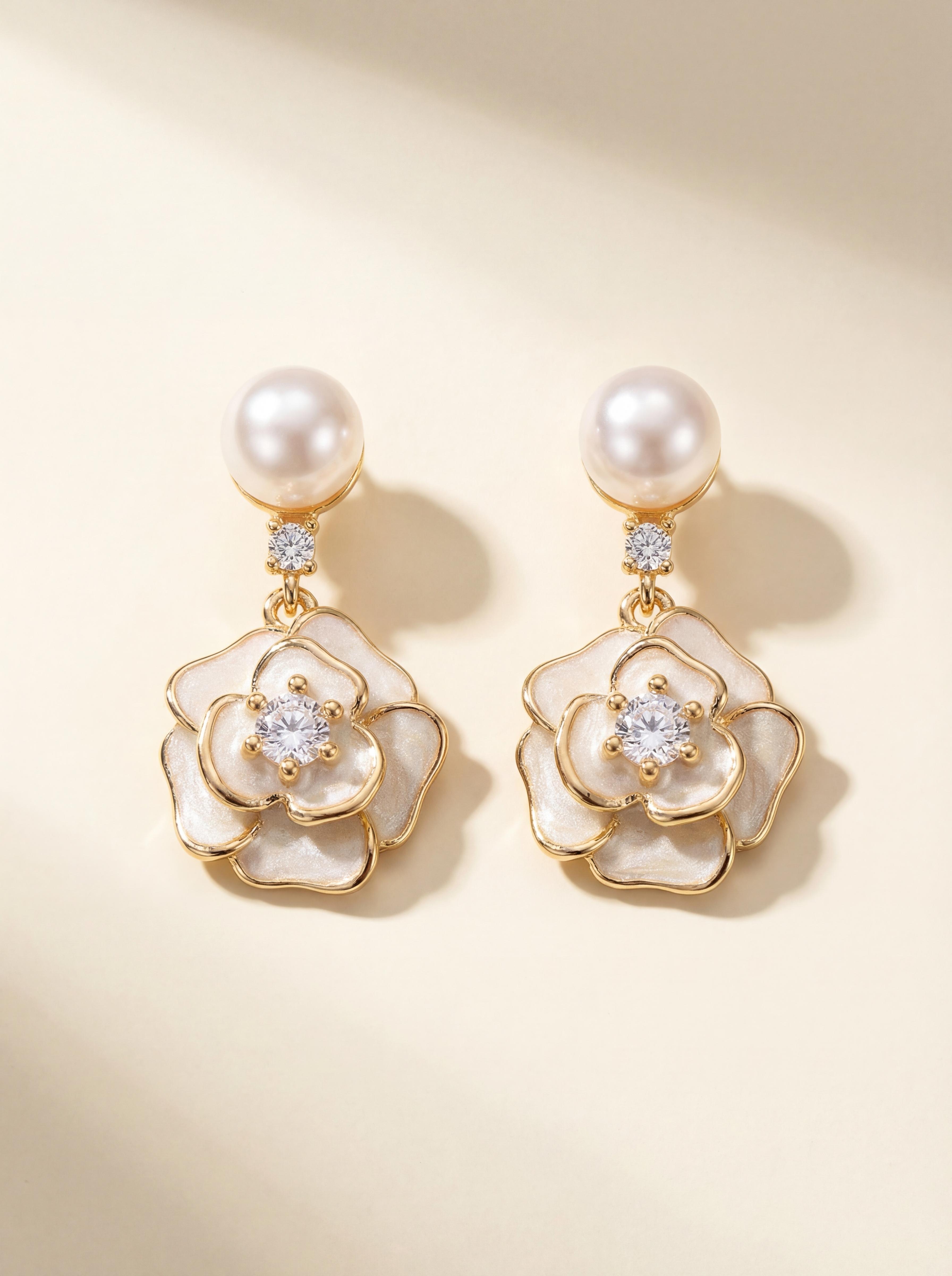 Camellia Whisper Freshwater Pearl Double Petal Earrings