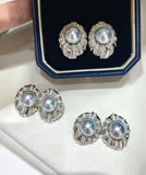 Wild Freshwater Pearl with Diamond Stud Earrings in Silver-Blue Hue