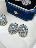Wild Freshwater Pearl with Diamond Stud Earrings in Silver-Blue Hue
