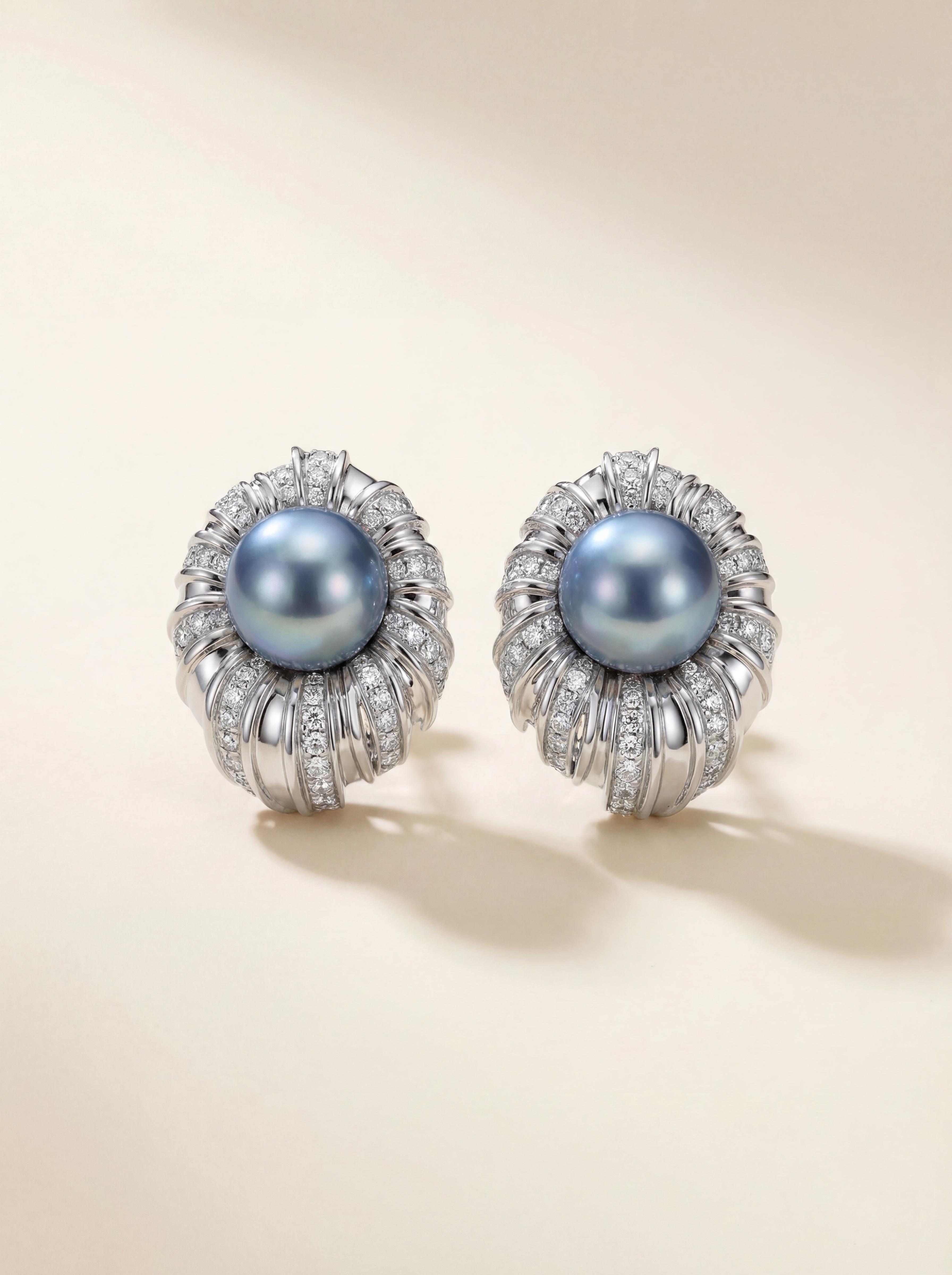 Wild Freshwater Pearl with Diamond Stud Earrings in Silver-Blue Hue