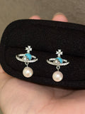 Vintage Saturn Pearl Earrings with Turquoise Detail