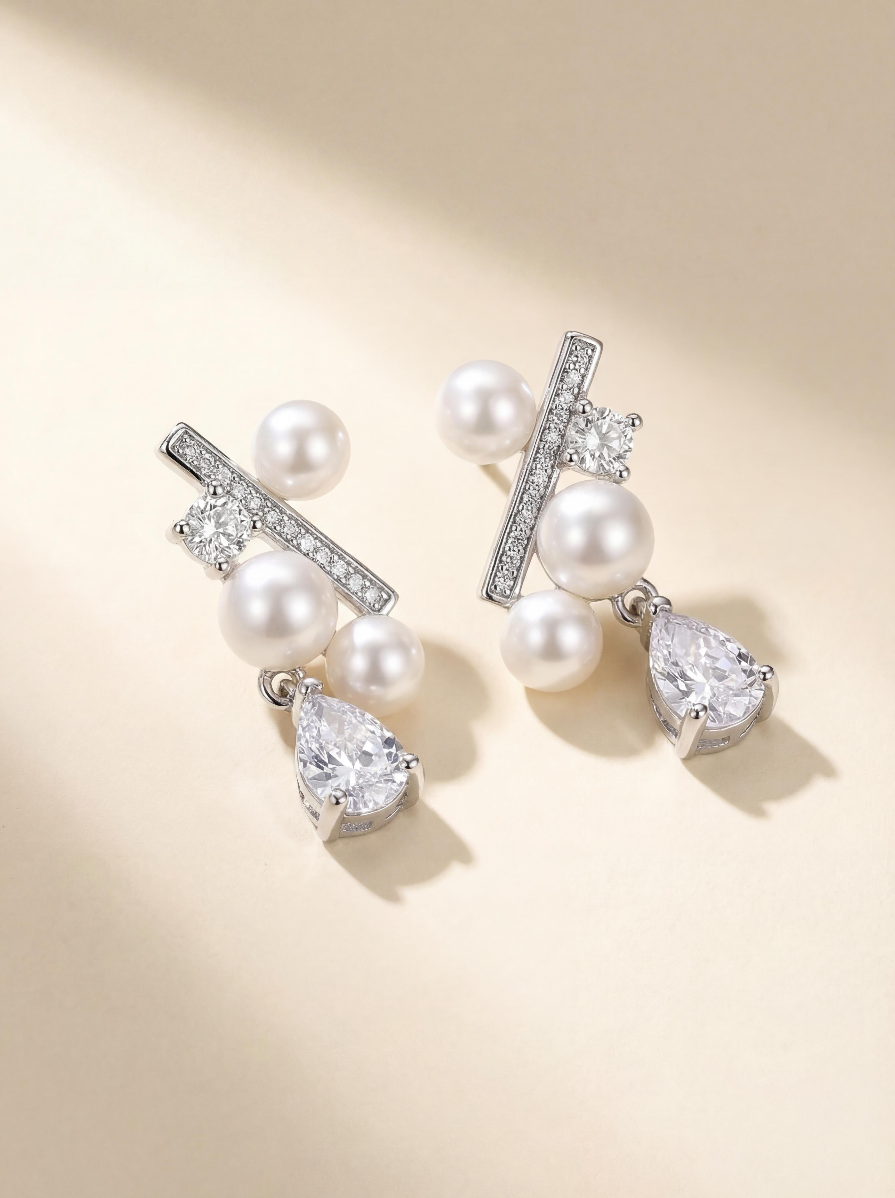 Starry Teardrop Pearl Stud Earrings, Solid 14k Gold over Silver Base