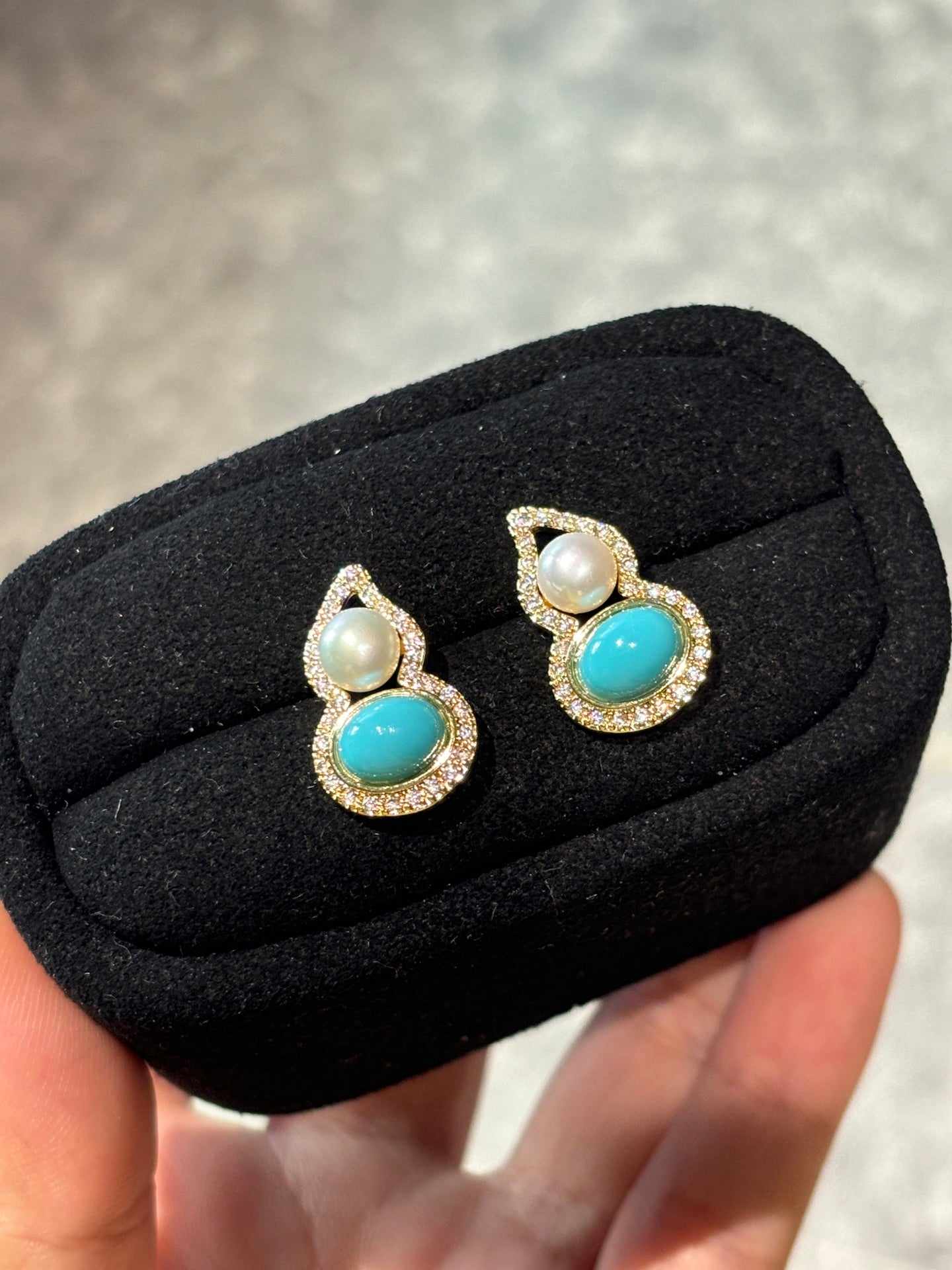 Wild Freshwater Pearl & Turquoise Double Gourd Earrings | Luxe Nature Motif Gold