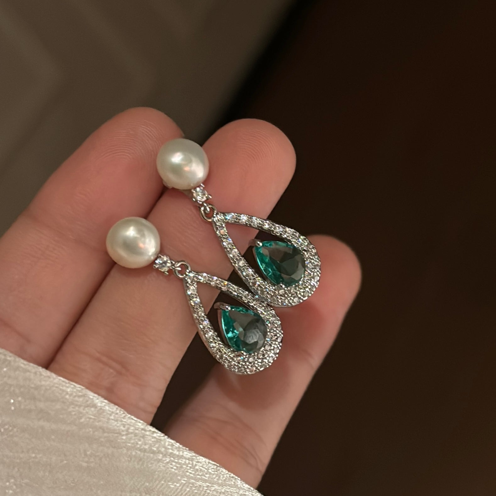 Luminous Pearl & Crystal Teardrop Earrings Green