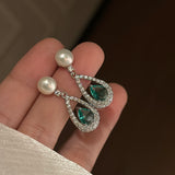 Luminous Pearl & Crystal Teardrop Earrings Green