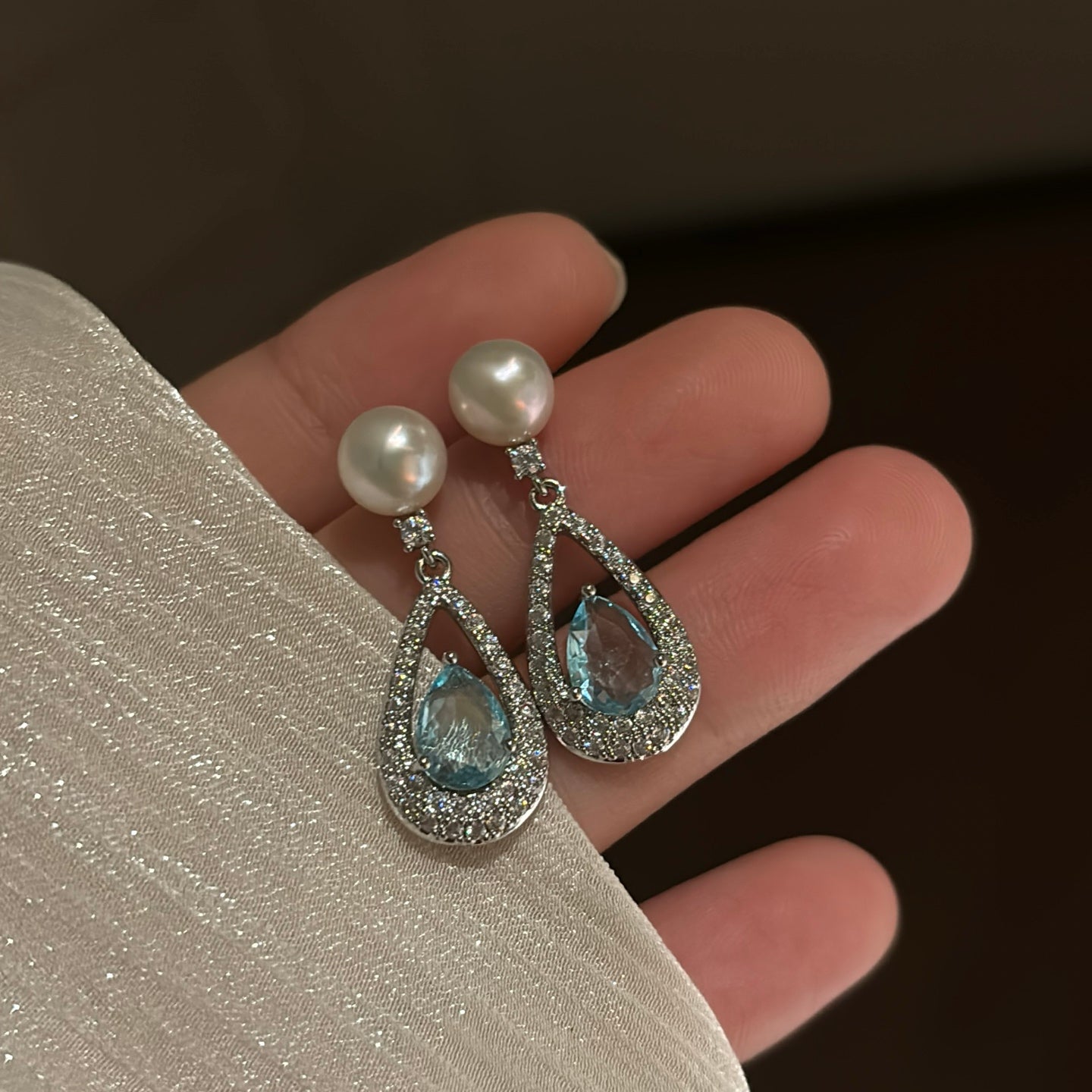 Luminous Pearl & Crystal Teardrop Earrings Blue