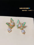 Vintage Enamel Butterfly Pearl Earrings - Dainty Spring Garden Motif