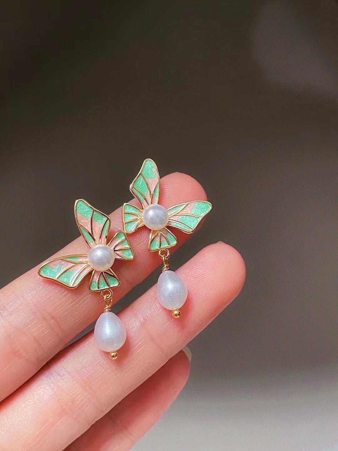 Vintage Enamel Butterfly Pearl Earrings - Dainty Spring Garden Motif