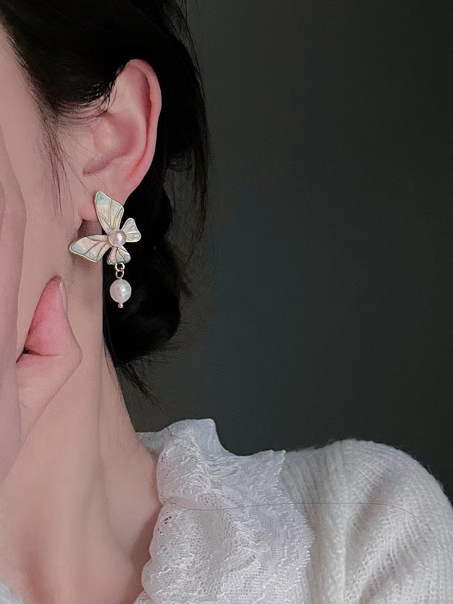 Vintage Enamel Butterfly Pearl Earrings - Dainty Spring Garden Motif