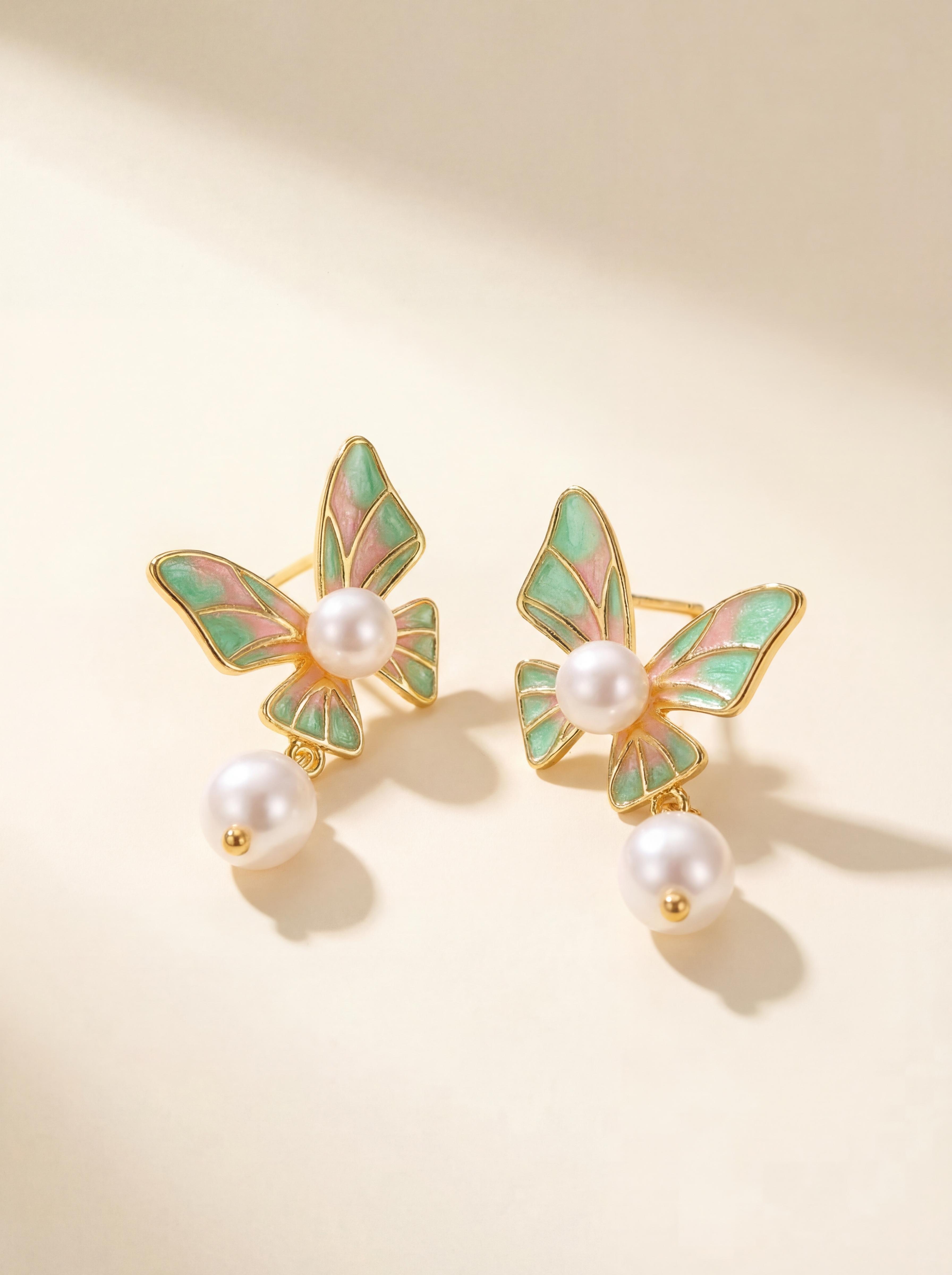 Vintage Enamel Butterfly Pearl Earrings - Dainty Spring Garden Motif