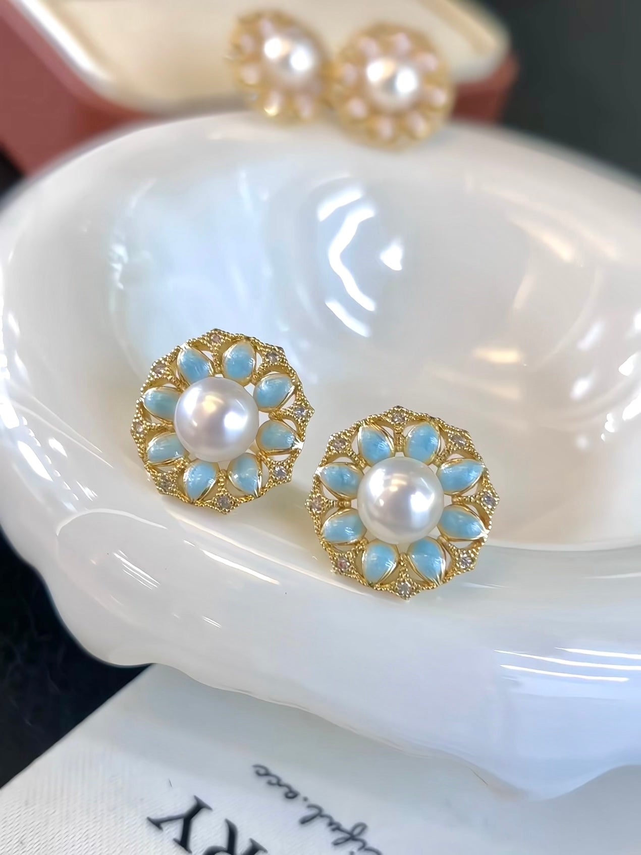 Vintage Floral Enamel Pearl Earrings