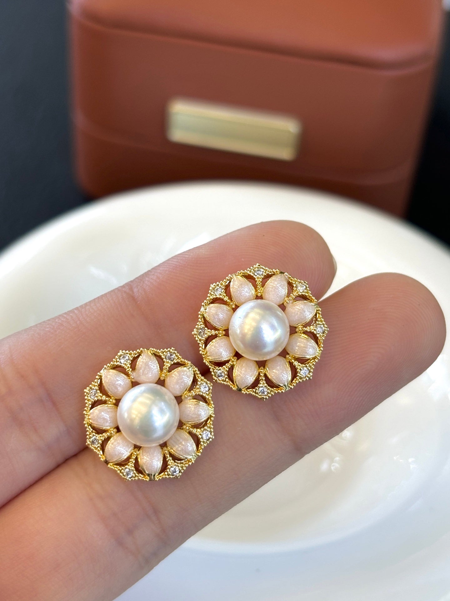 Vintage Floral Enamel Pearl Earrings