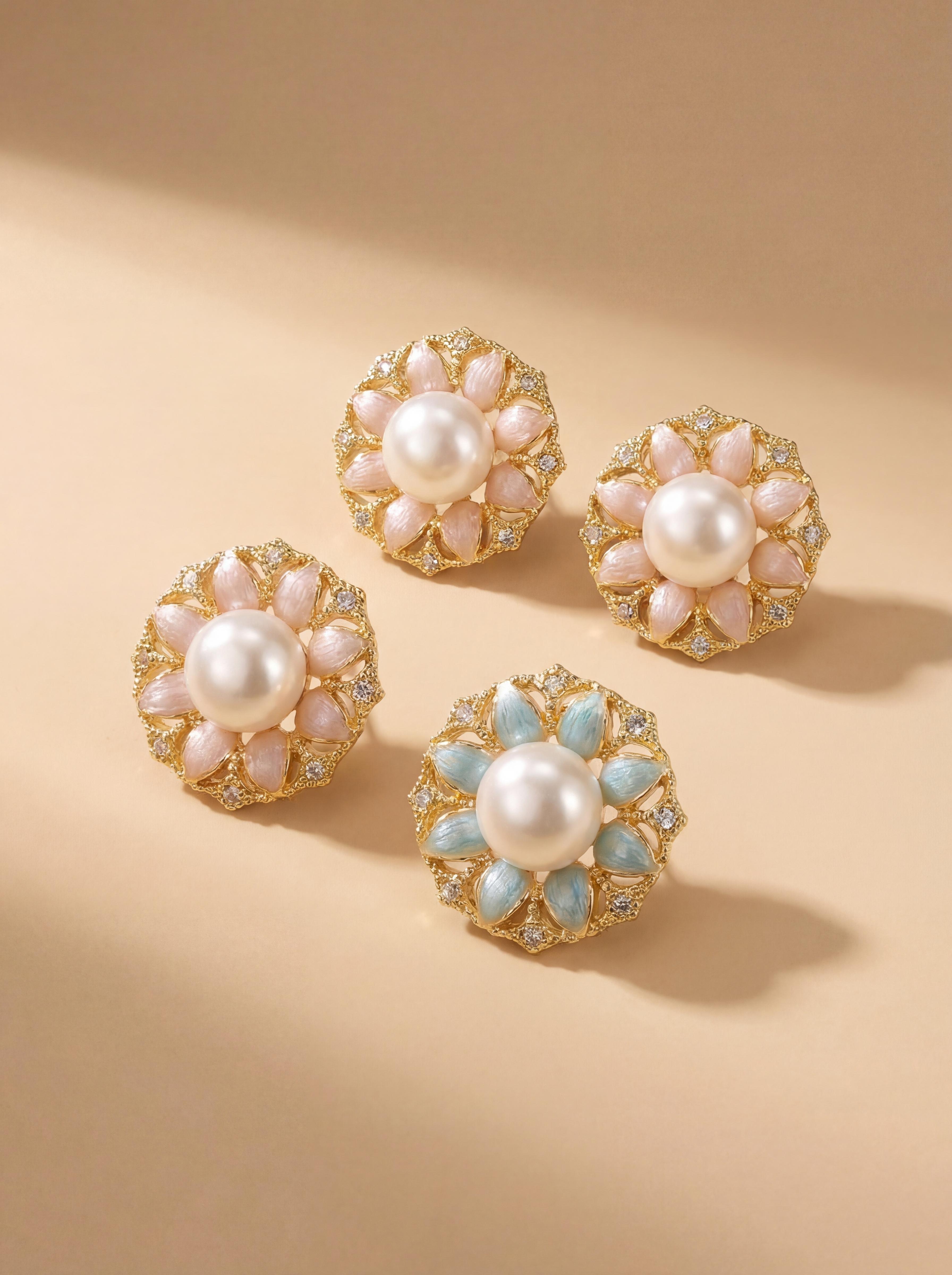 Vintage Floral Enamel Pearl Earrings