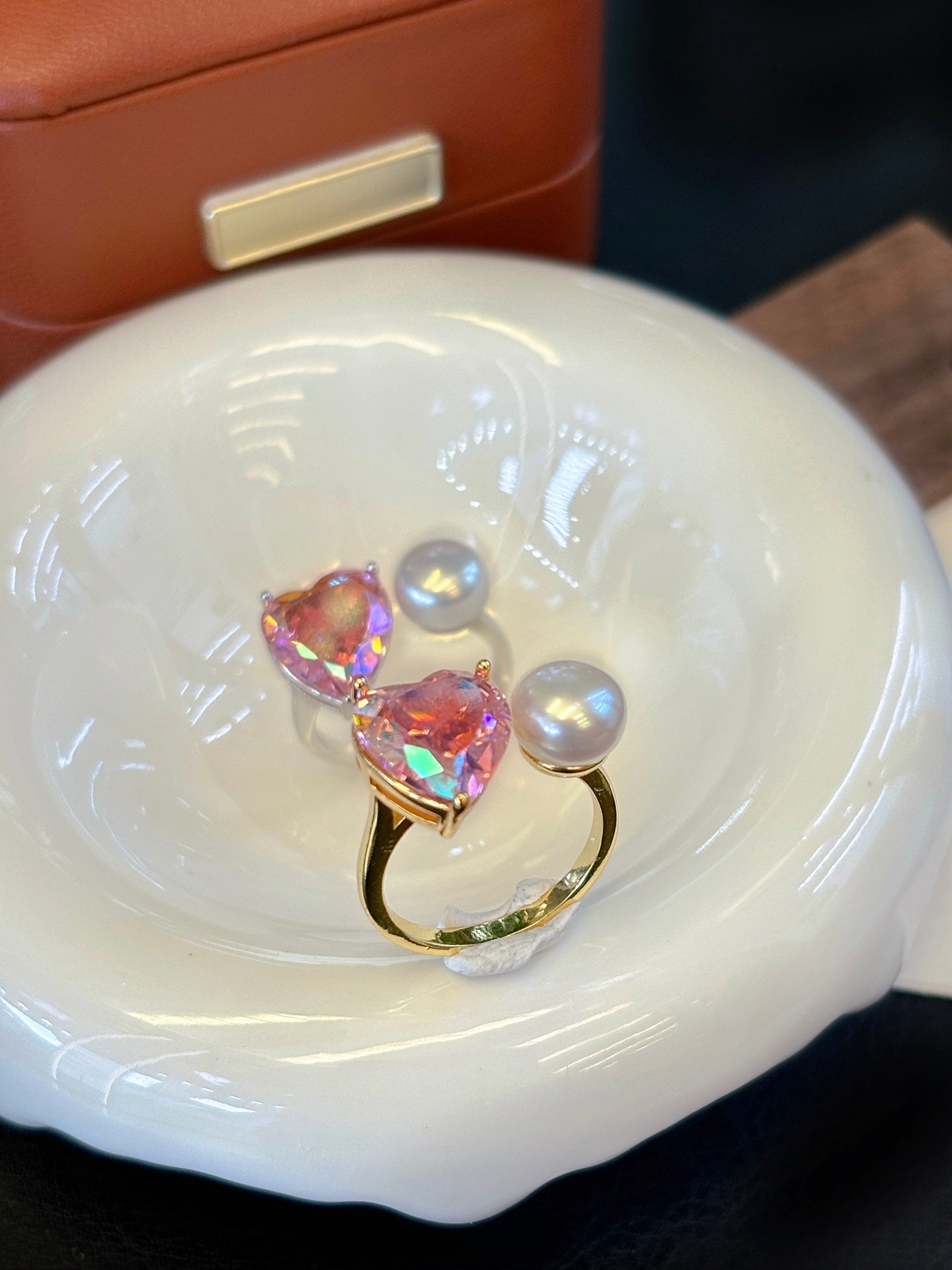 Spring Peach Pearl Heart Ring