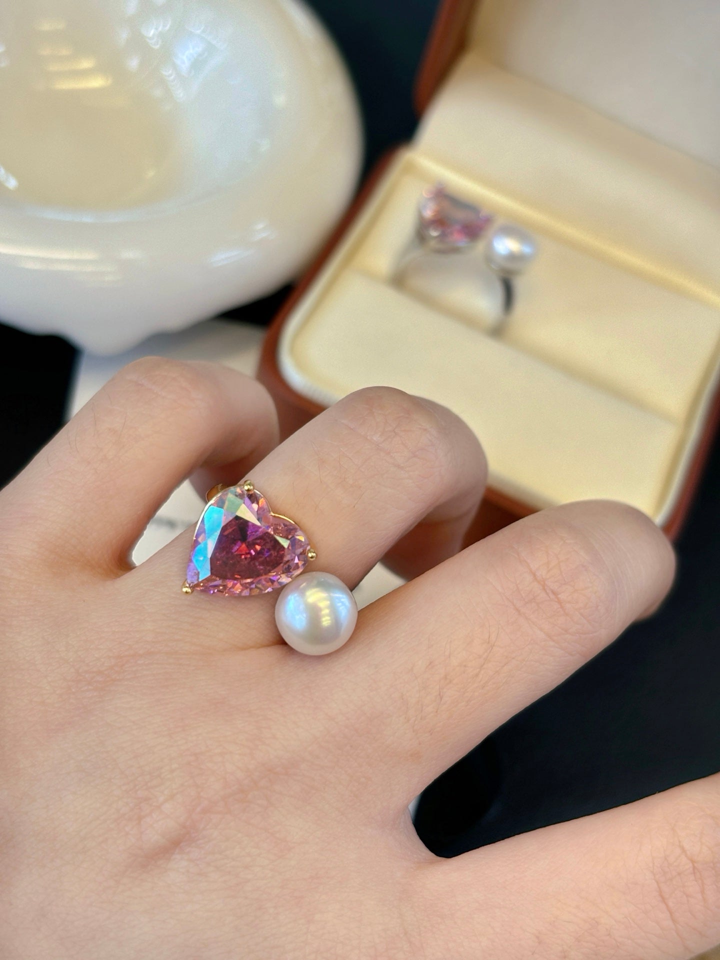 Spring Peach Pearl Heart Ring