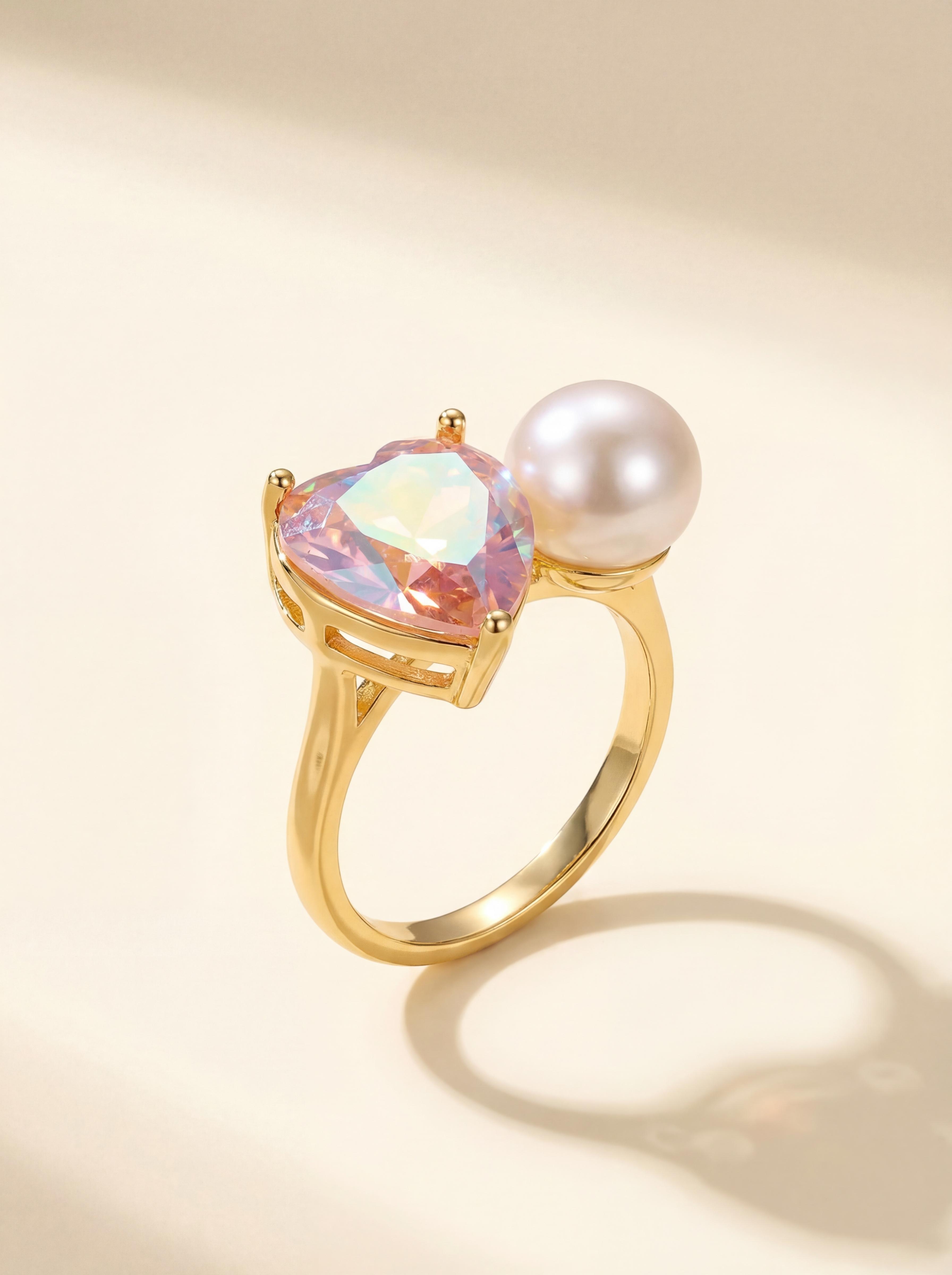 Spring Peach Pearl Heart Ring