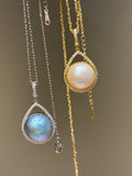 Crescent Harmony | Wild Freshwater Pearl Pendant Necklace with Diamond Accents