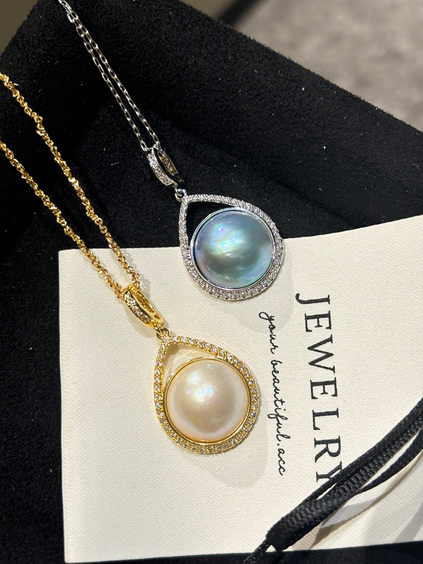 Crescent Harmony | Wild Freshwater Pearl Pendant Necklace with Diamond Accents