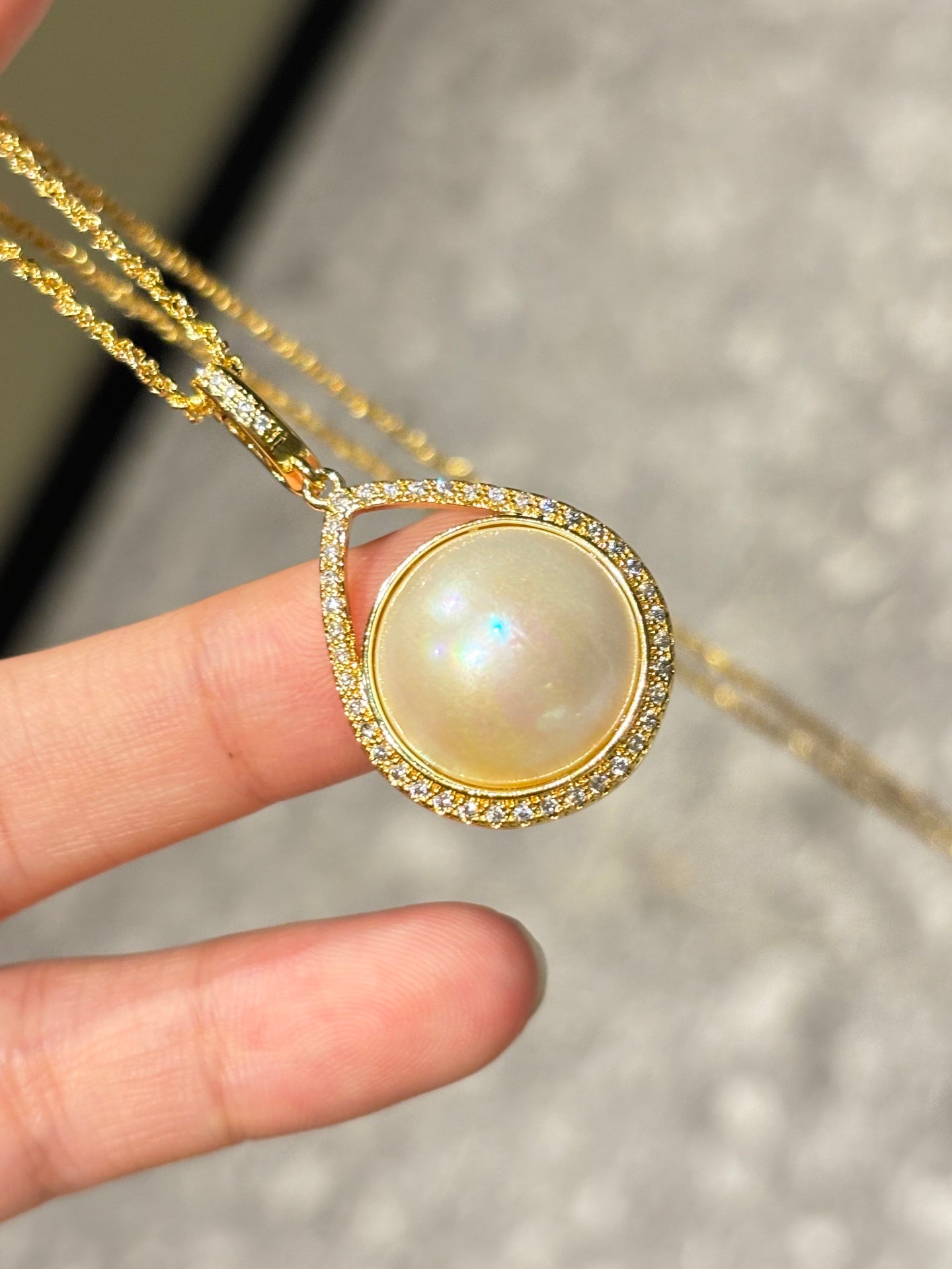 Crescent Harmony | Wild Freshwater Pearl Pendant Necklace with Diamond Accents Gold