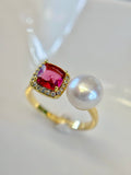 Wild Pearl & Gemstone Open Ring - Timeless Elegance for Every Occasion Red
