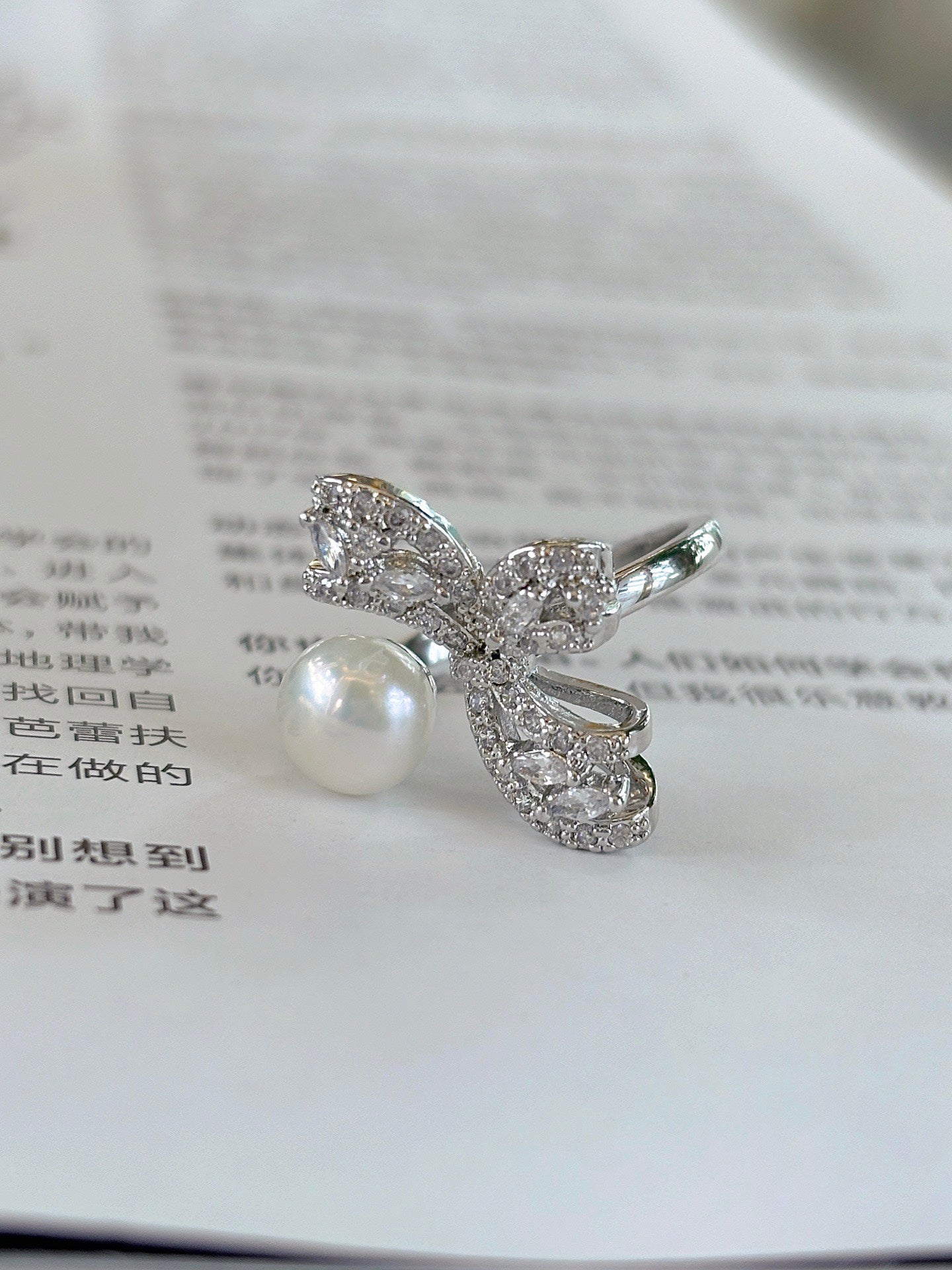 Wild Freshwater Pearl Butterfly Ring with Cubic Zirconia Accents