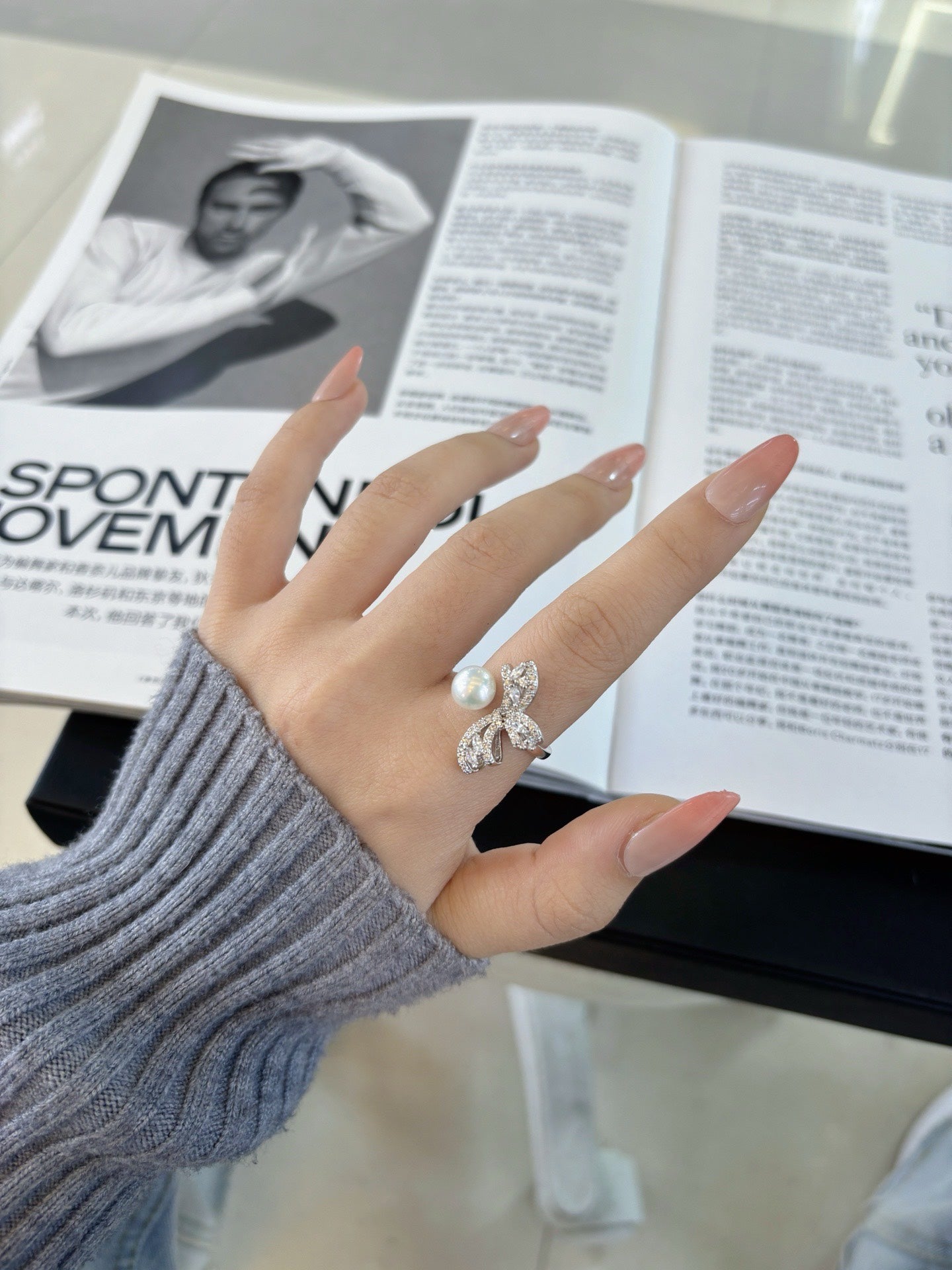 Wild Freshwater Pearl Butterfly Ring with Cubic Zirconia Accents